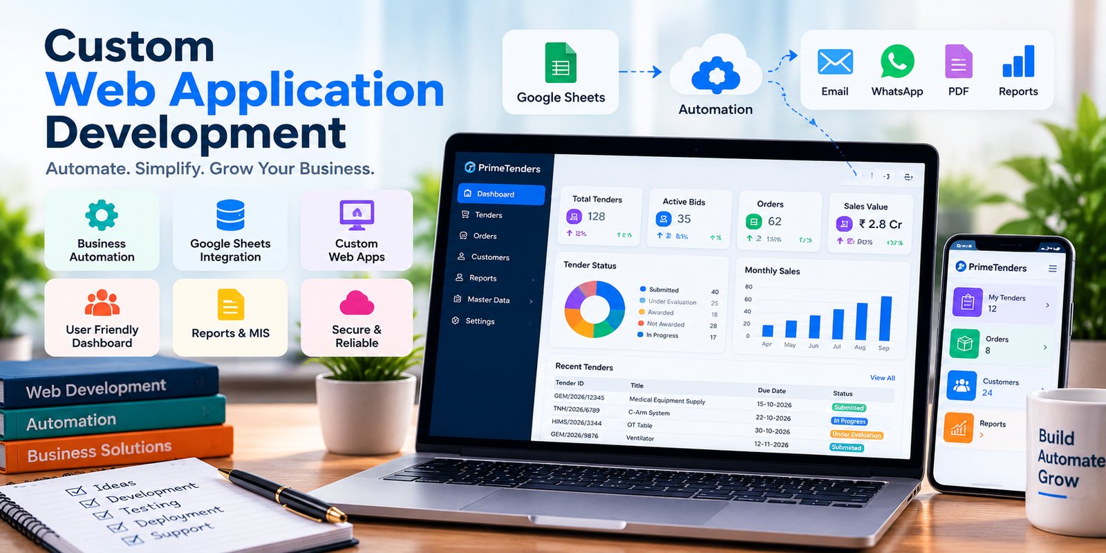Custom web application dashboard with Google Sheets automation